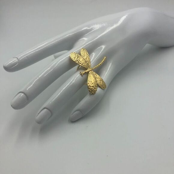 18K Gold Plated Women's Dragonfly Statement Finger Ring Insect Nature Inspired - Picture 3 of 11